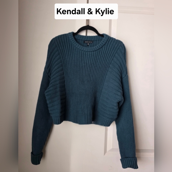 Kendall & Kylie Cotton Blend Chunky Cropped Ribbed Turquoise Knit Sweater - Picture 1 of 11